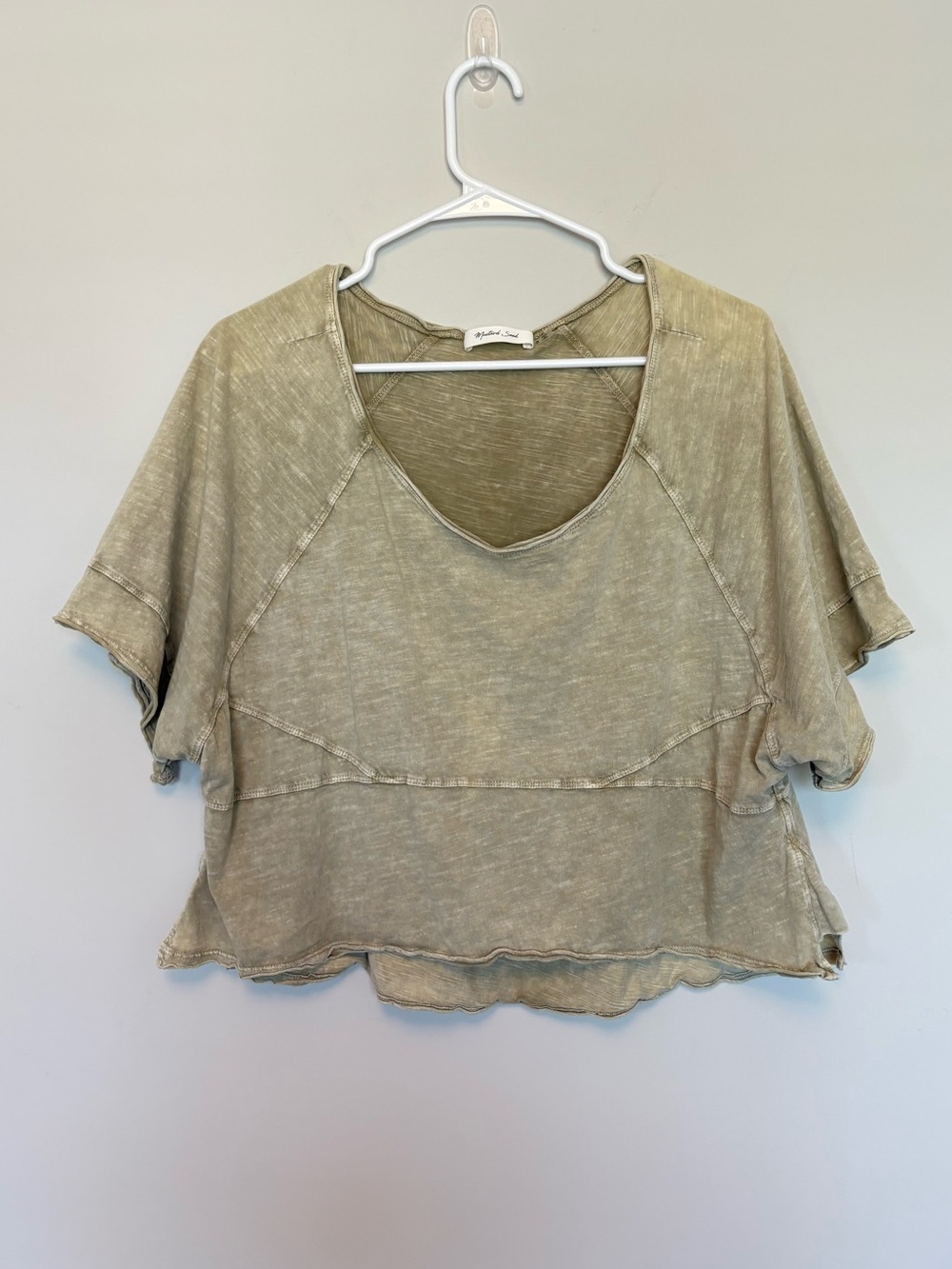 Mustard Seed Green Mineral Wash Raw Hem Crop Top Small Boxy Fit Cotton